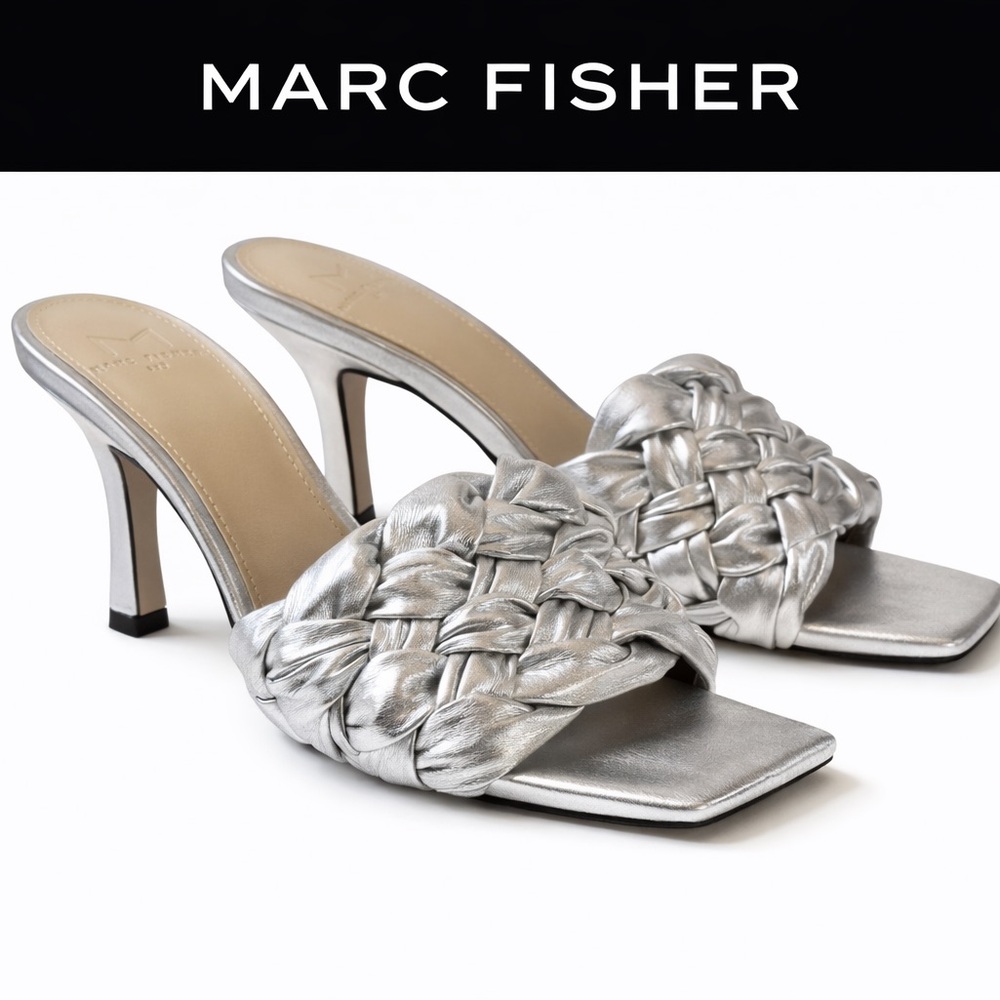 Marc Fisher Metallic Silver Braided Leather Slip-On Mules